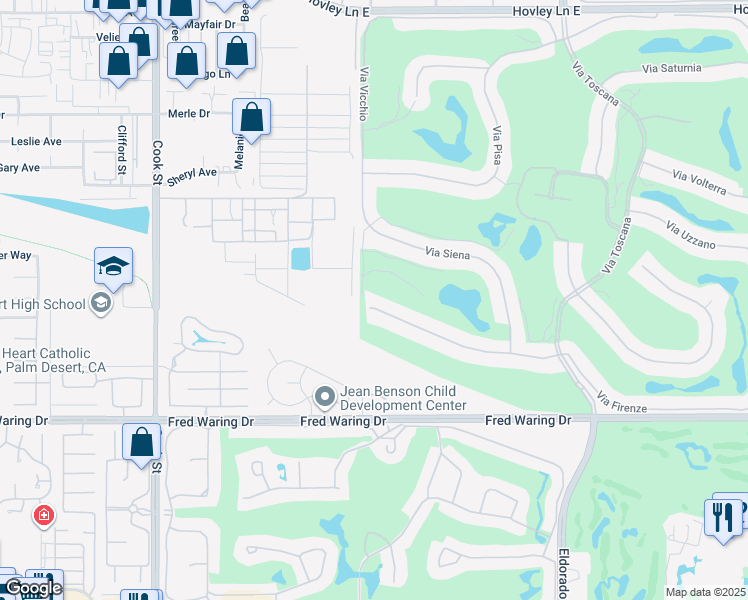 map of restaurants, bars, coffee shops, grocery stores, and more near 75596 Via Cortona in Indian Wells