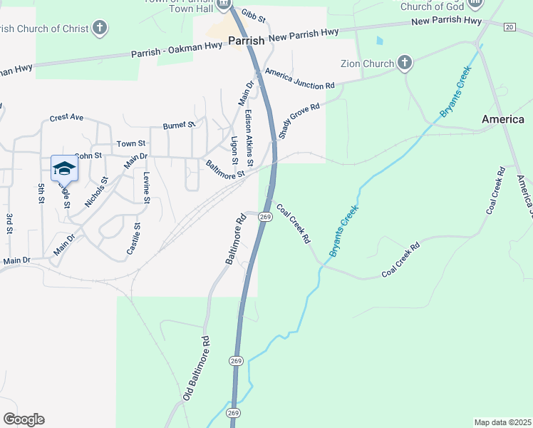 map of restaurants, bars, coffee shops, grocery stores, and more near 5947 Alabama 269 in Parrish