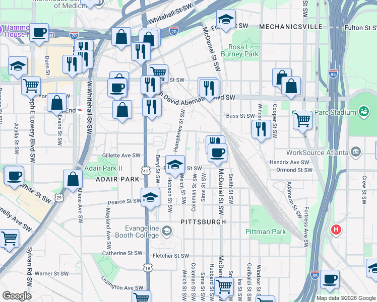 map of restaurants, bars, coffee shops, grocery stores, and more near 793 Welch Street Southwest in Atlanta