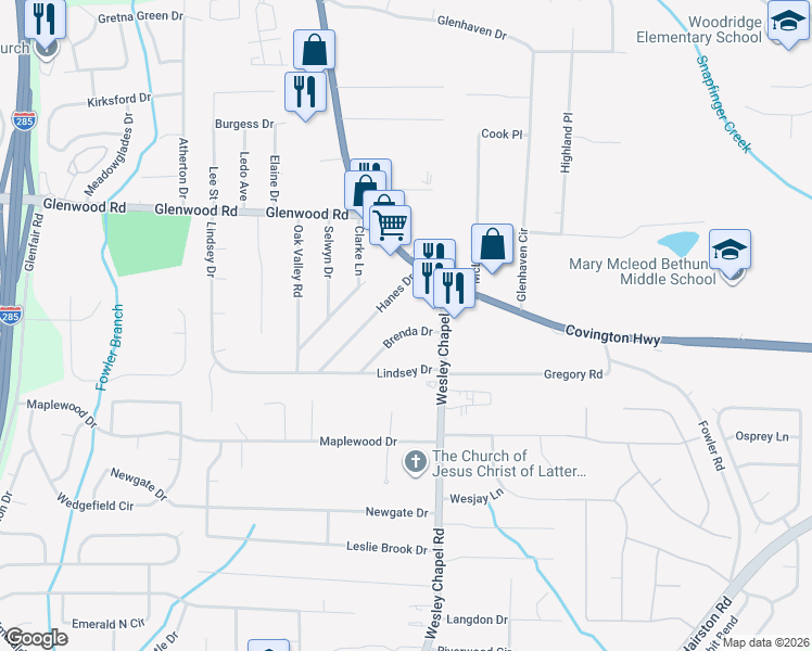 map of restaurants, bars, coffee shops, grocery stores, and more near 4158 Brenda Drive in Decatur