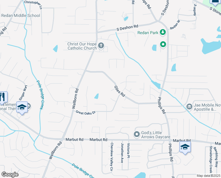 map of restaurants, bars, coffee shops, grocery stores, and more near 6092 Giles Court in Lithonia