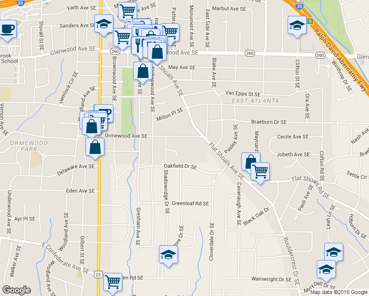 map of restaurants, bars, coffee shops, grocery stores, and more near 770 Shadowridge Drive Southeast in Atlanta