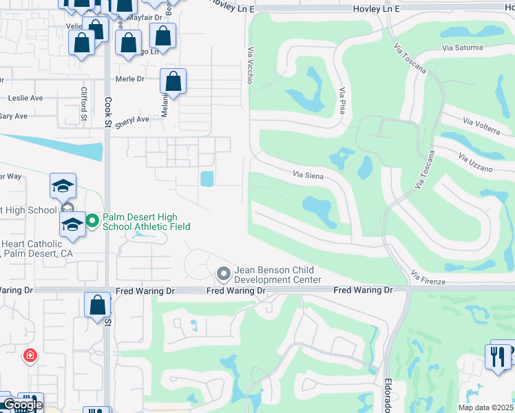 map of restaurants, bars, coffee shops, grocery stores, and more near 75596 Via Cortona in Indian Wells