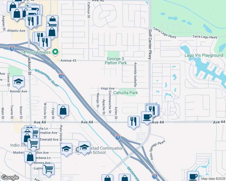 map of restaurants, bars, coffee shops, grocery stores, and more near 83685 Hopi Avenue in Indio