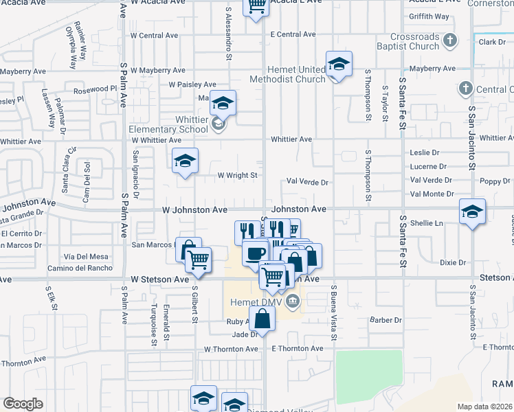 map of restaurants, bars, coffee shops, grocery stores, and more near 890 South Inez Street in Hemet