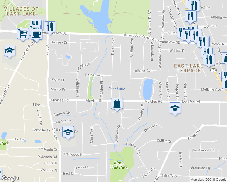 map of restaurants, bars, coffee shops, grocery stores, and more near 670 Parker Avenue in Decatur