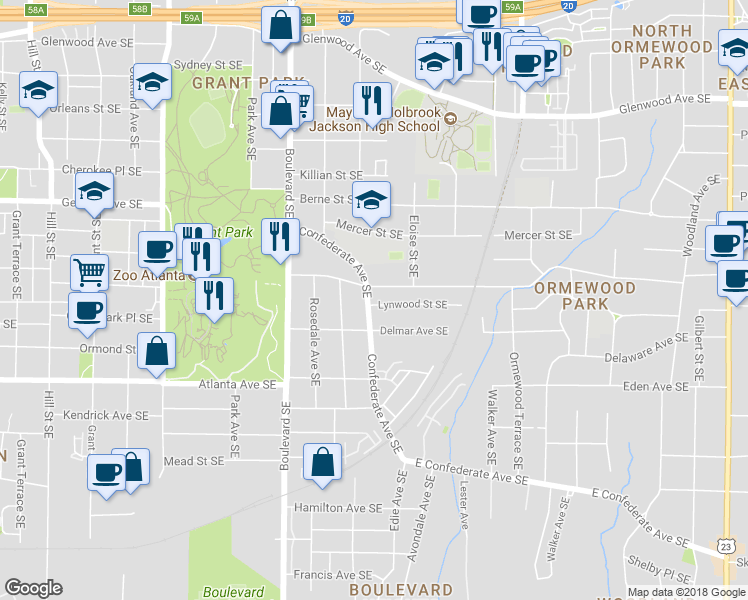 map of restaurants, bars, coffee shops, grocery stores, and more near 780 Confederate Avenue Southeast in Atlanta