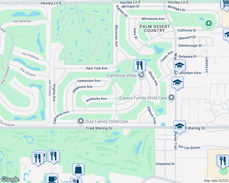 map of restaurants, bars, coffee shops, grocery stores, and more near 43425 Tennessee Avenue in Palm Desert
