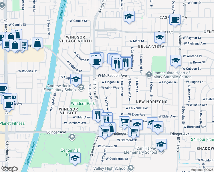 map of restaurants, bars, coffee shops, grocery stores, and more near 2614 West Lingan Lane in Santa Ana