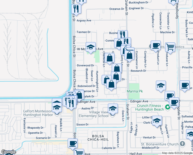 map of restaurants, bars, coffee shops, grocery stores, and more near 15751 Hummingbird Lane in Huntington Beach