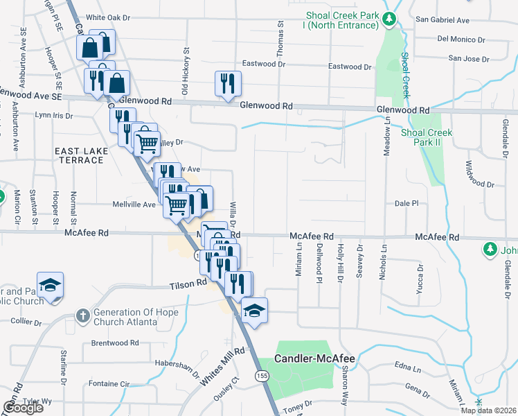 map of restaurants, bars, coffee shops, grocery stores, and more near 1958 Don Juan Lane in Decatur