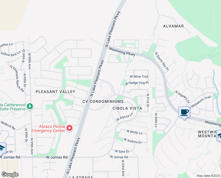 map of restaurants, bars, coffee shops, grocery stores, and more near 8 North Cibola Vista Drive in Peoria