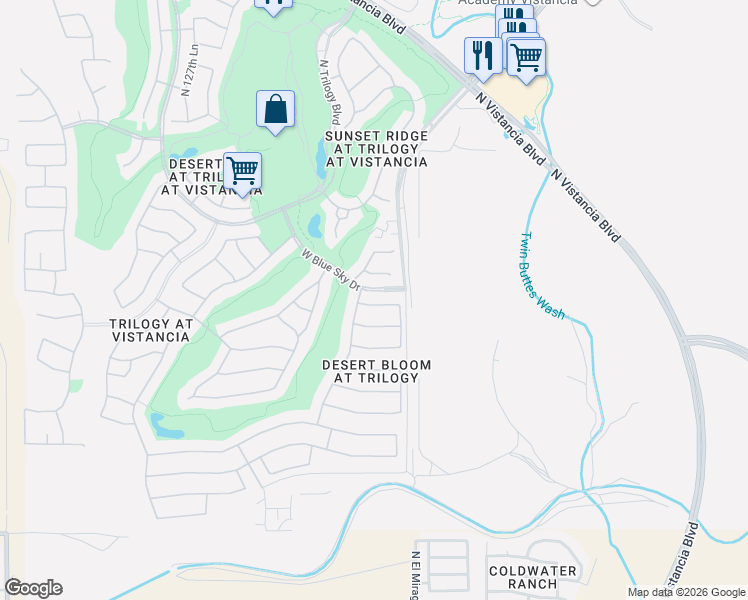 map of restaurants, bars, coffee shops, grocery stores, and more near 12478 West Hedge Hog Place in Peoria
