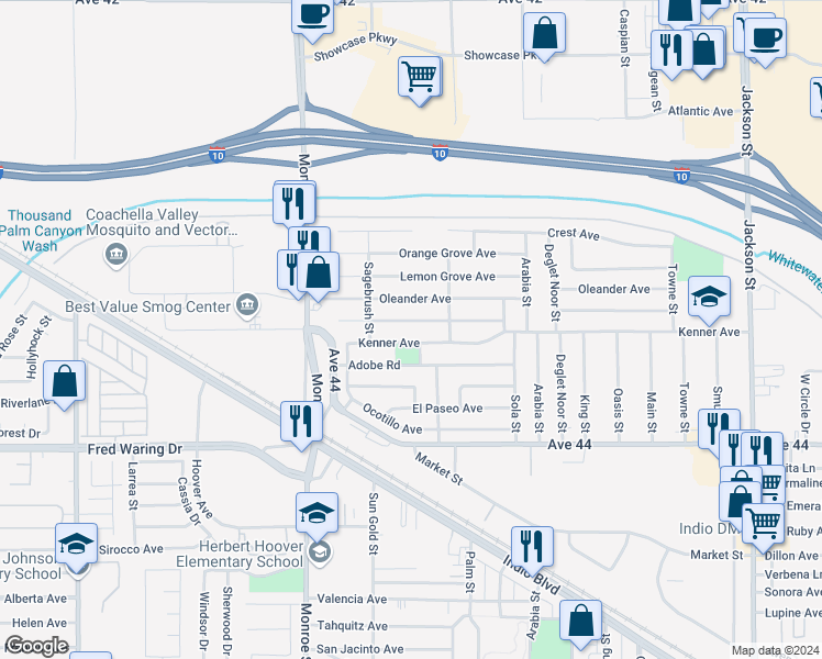 map of restaurants, bars, coffee shops, grocery stores, and more near 82273 Mountain View Avenue in Indio