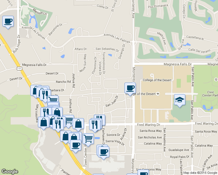 map of restaurants, bars, coffee shops, grocery stores, and more near 72764 Fleetwood Circle in Palm Desert
