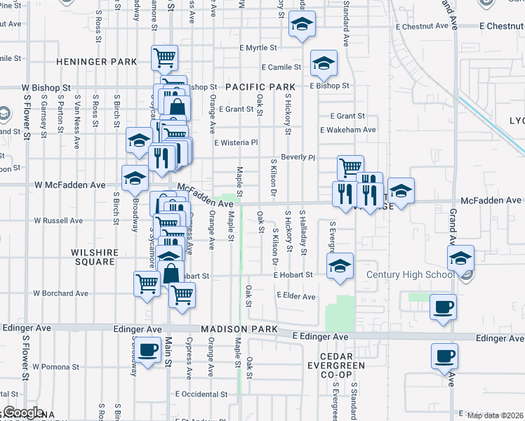 map of restaurants, bars, coffee shops, grocery stores, and more near 421 Old McFadden Avenue in Santa Ana