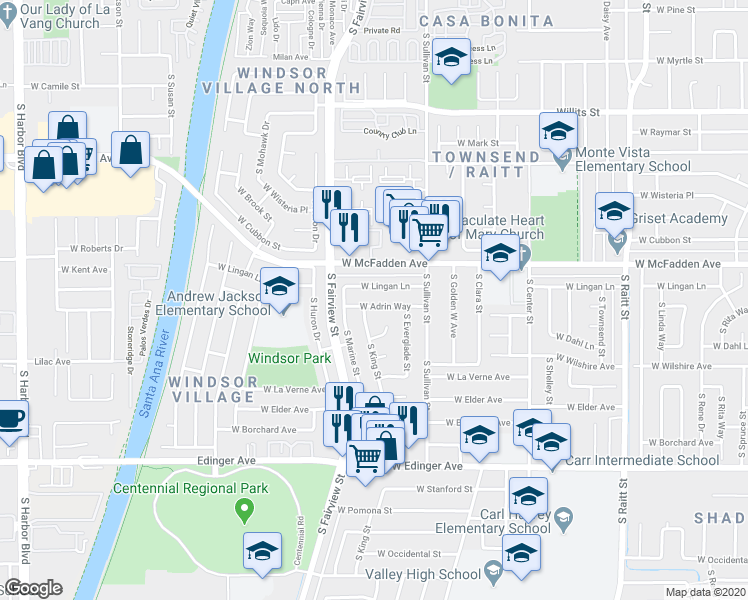 map of restaurants, bars, coffee shops, grocery stores, and more near 2614 West Lingan Lane in Santa Ana