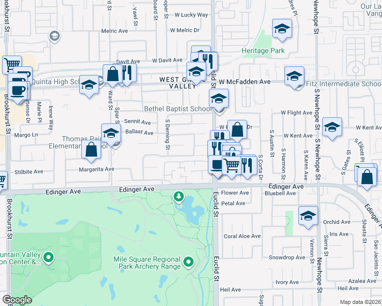 map of restaurants, bars, coffee shops, grocery stores, and more near 5310 West Crystal Lane in Santa Ana