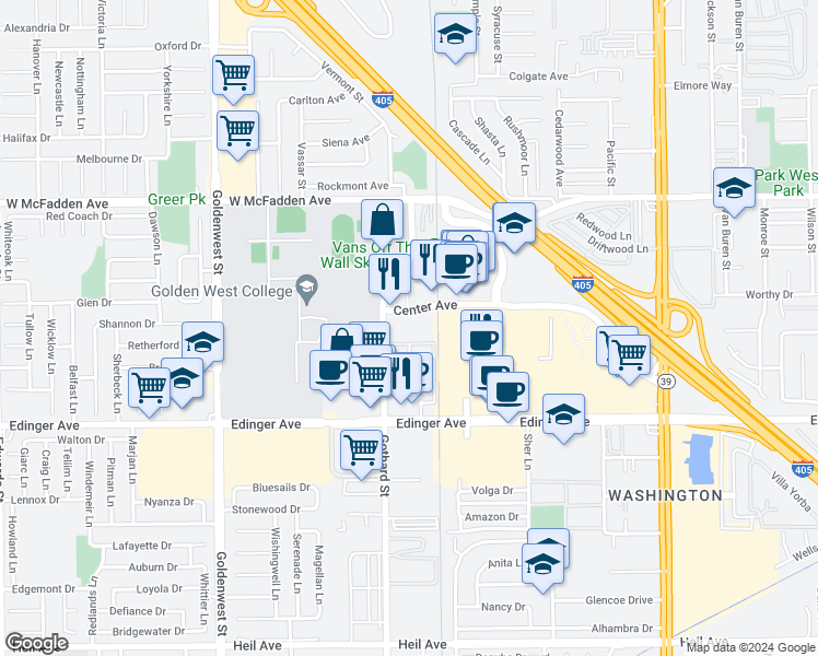 map of restaurants, bars, coffee shops, grocery stores, and more near 7400 Center Avenue in Huntington Beach