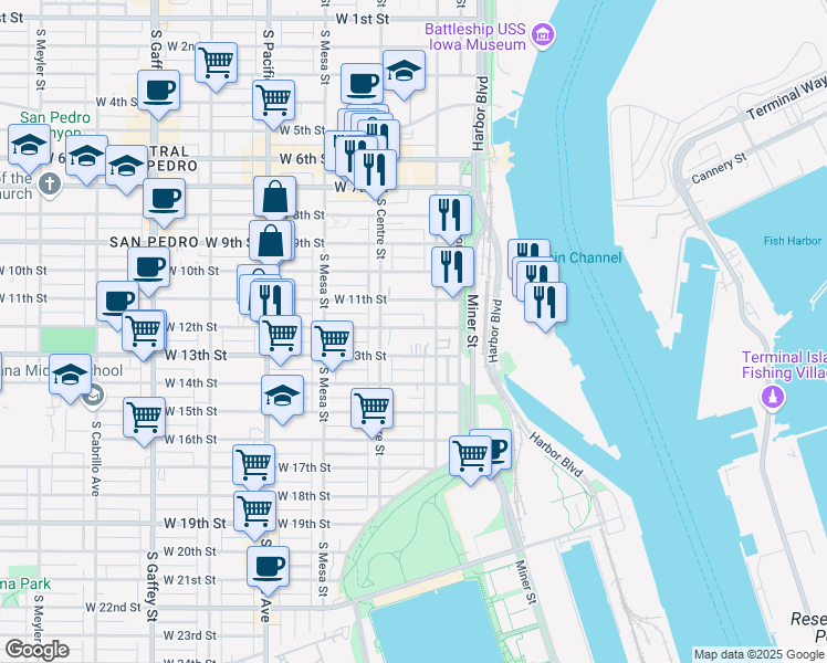 map of restaurants, bars, coffee shops, grocery stores, and more near 242 West 12th Street in Los Angeles
