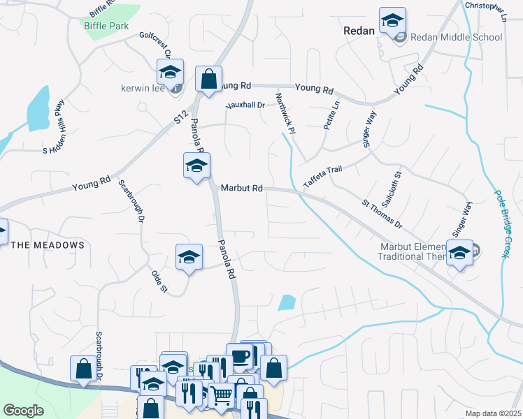 map of restaurants, bars, coffee shops, grocery stores, and more near 1937 Marbut Forest Drive in Lithonia