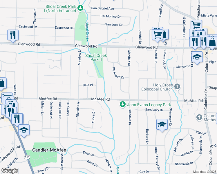 map of restaurants, bars, coffee shops, grocery stores, and more near 1963 Shannon Ridge Court in Decatur