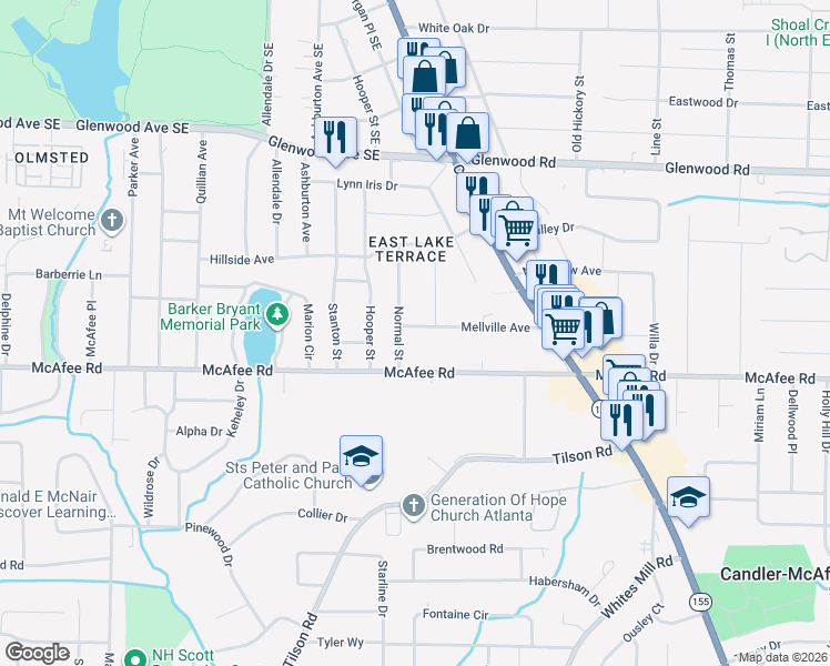 map of restaurants, bars, coffee shops, grocery stores, and more near 2460 Mellville Avenue in Decatur