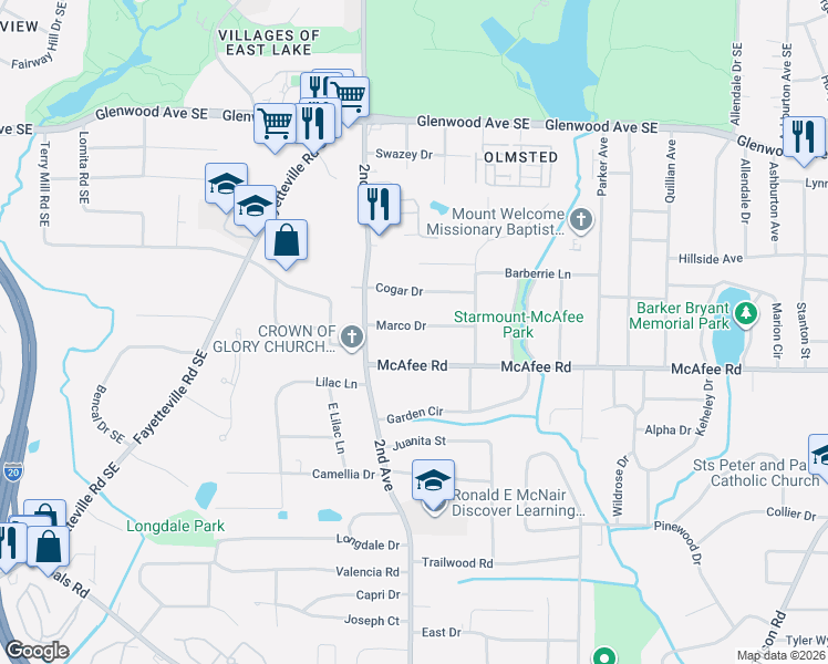 map of restaurants, bars, coffee shops, grocery stores, and more near 2018 Marco Drive in Decatur