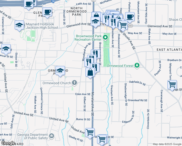 map of restaurants, bars, coffee shops, grocery stores, and more near 749 Moreland Avenue Southeast in Atlanta