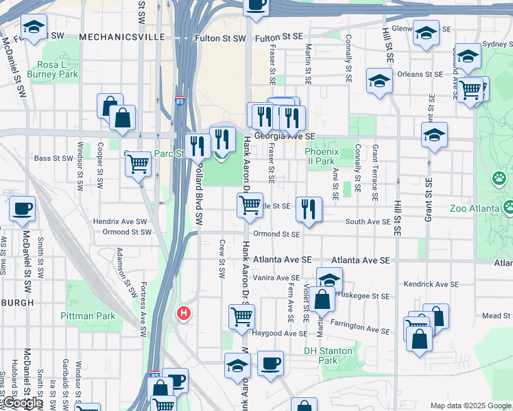 map of restaurants, bars, coffee shops, grocery stores, and more near 30 Little Street Southwest in Atlanta