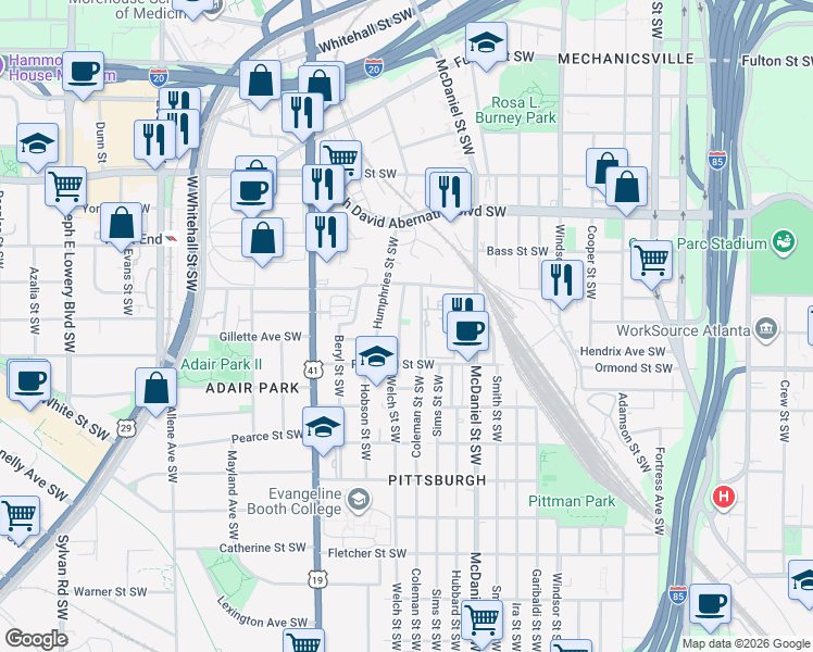 map of restaurants, bars, coffee shops, grocery stores, and more near 793 Welch Street Southwest in Atlanta