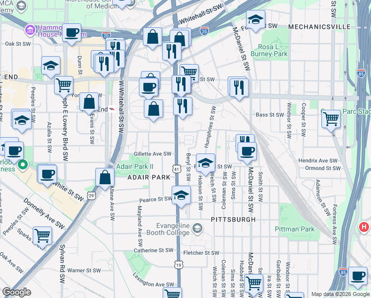 map of restaurants, bars, coffee shops, grocery stores, and more near 791 Metropolitan Parkway Southwest in Atlanta