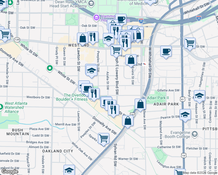 map of restaurants, bars, coffee shops, grocery stores, and more near 950 Beecher Street Southwest in Atlanta