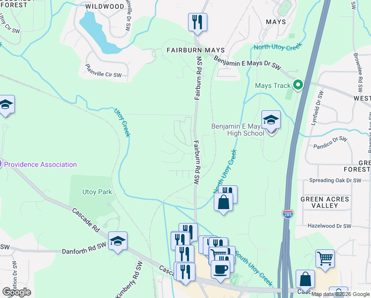 map of restaurants, bars, coffee shops, grocery stores, and more near 3712 Mays Crossing Southwest in Atlanta