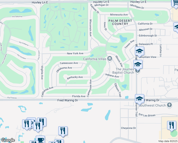 map of restaurants, bars, coffee shops, grocery stores, and more near 43425 Tennessee Avenue in Palm Desert