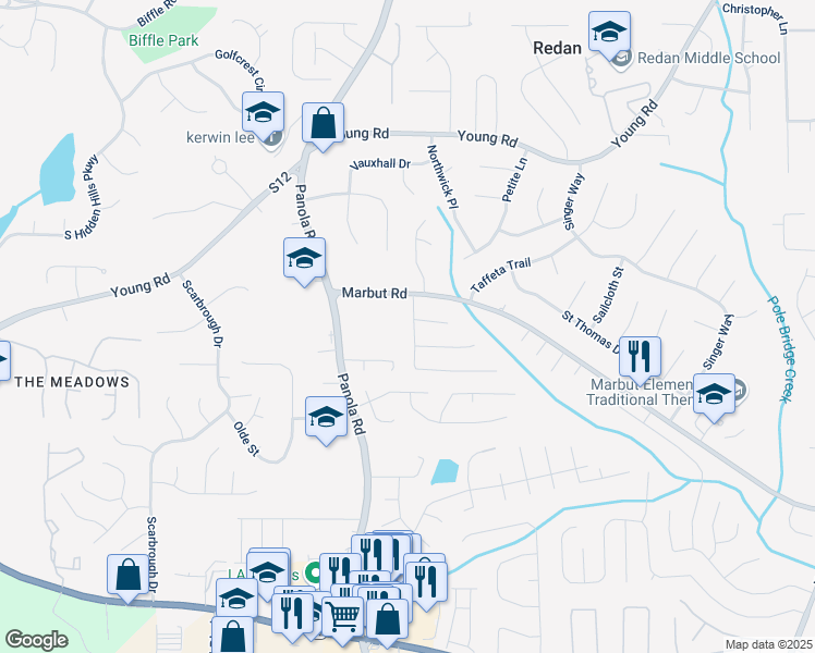 map of restaurants, bars, coffee shops, grocery stores, and more near 1937 Marbut Forest Drive in Lithonia