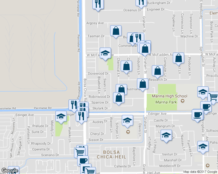 map of restaurants, bars, coffee shops, grocery stores, and more near 15751 Hummingbird Lane in Huntington Beach