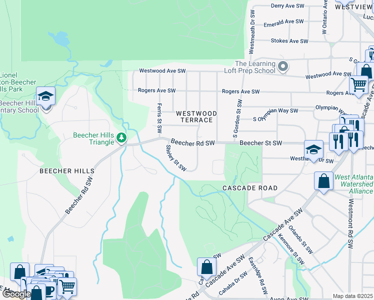 map of restaurants, bars, coffee shops, grocery stores, and more near 1938 Beecher Road Southwest in Atlanta
