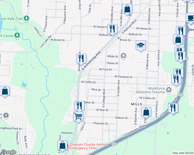 map of restaurants, bars, coffee shops, grocery stores, and more near 1013 West Florence Street in Denison