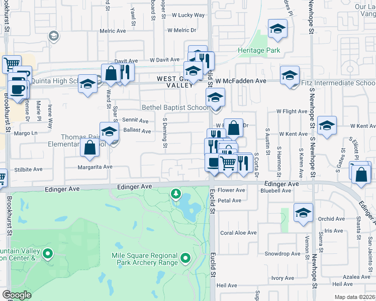 map of restaurants, bars, coffee shops, grocery stores, and more near 5310 West Crystal Lane in Santa Ana