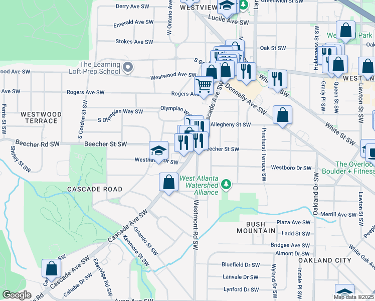 map of restaurants, bars, coffee shops, grocery stores, and more near 1535 Beecher Street Southwest in Atlanta