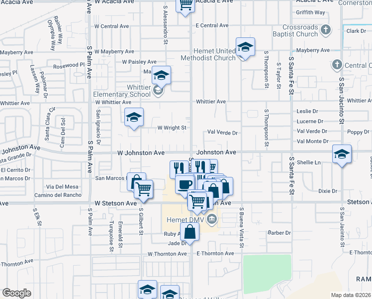 map of restaurants, bars, coffee shops, grocery stores, and more near 890 South Inez Street in Hemet