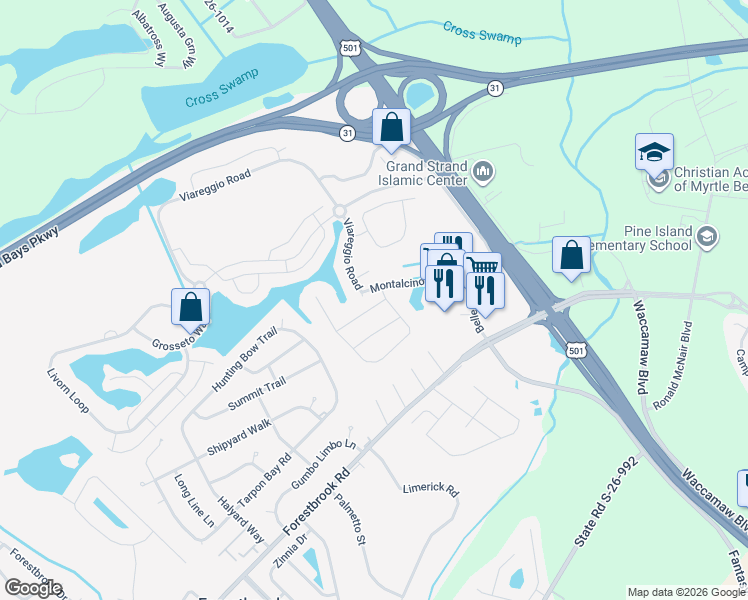 map of restaurants, bars, coffee shops, grocery stores, and more near 5206 Piemonte Lane in Myrtle Beach
