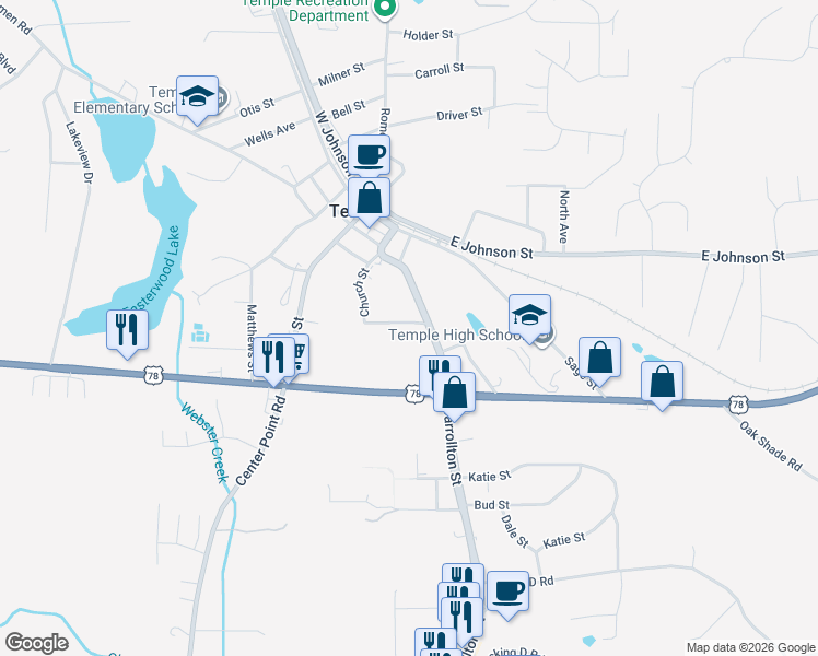 map of restaurants, bars, coffee shops, grocery stores, and more near 20 Baskin Drive in Temple