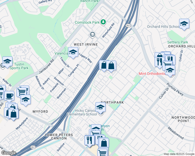 map of restaurants, bars, coffee shops, grocery stores, and more near 26 Crescent-City in Irvine