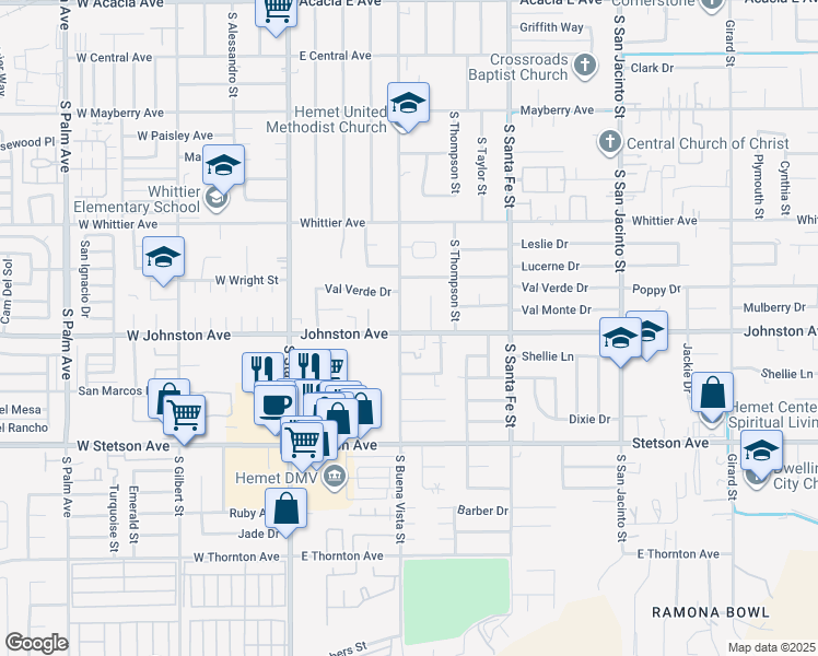 map of restaurants, bars, coffee shops, grocery stores, and more near 880 South Buena Vista Street in Hemet