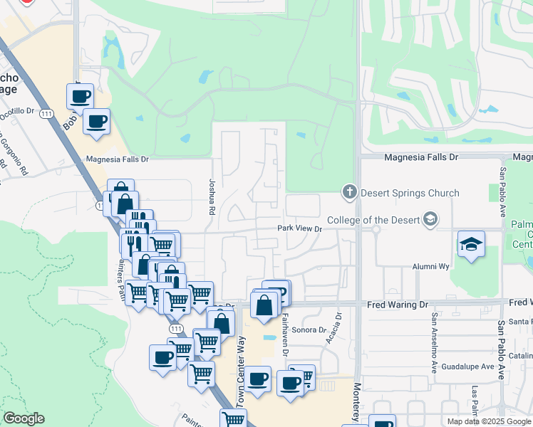 map of restaurants, bars, coffee shops, grocery stores, and more near 2 Mesquite Ridge Lane in Rancho Mirage