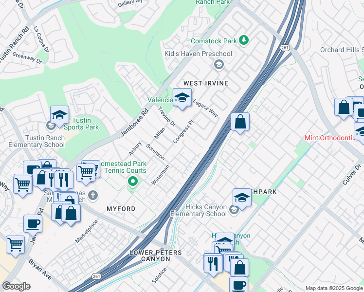 map of restaurants, bars, coffee shops, grocery stores, and more near in Irvine