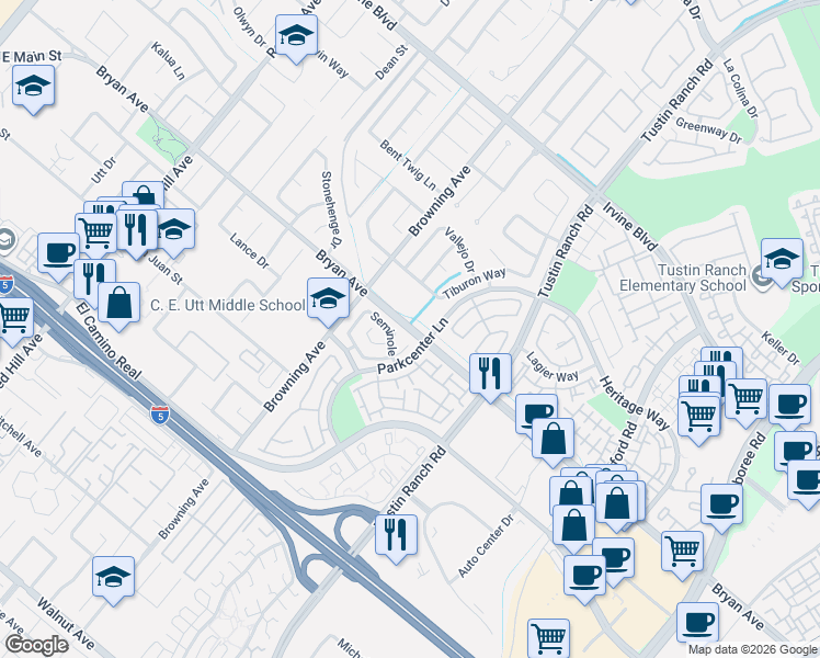 map of restaurants, bars, coffee shops, grocery stores, and more near 2111 Bryan Avenue in Tustin