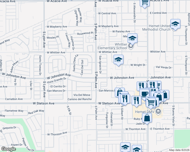 map of restaurants, bars, coffee shops, grocery stores, and more near 893 South Palm Avenue in Hemet